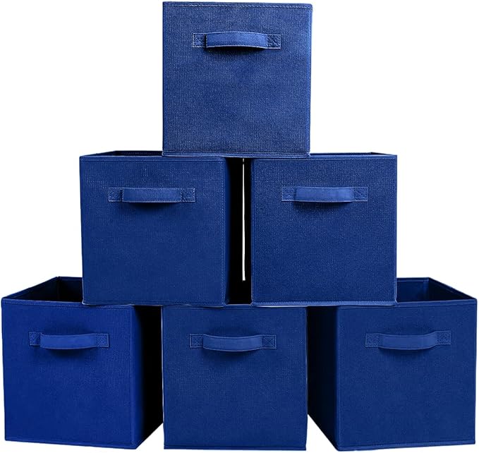PowerKing Collapsible Storage Cubes with Handles, Fabric Foldable Bins for Closet Shelves, Durable Organization Storage Bins, 10.5'' x 11'' x 10.5'', 6 Pack, Dark Blue