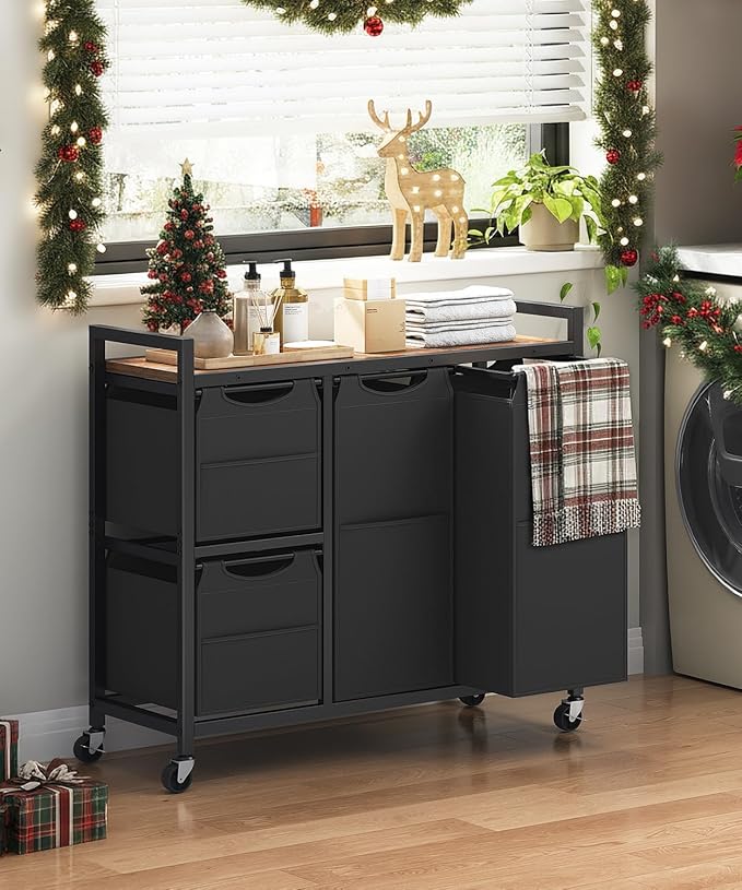 HOOBRO Laundry Sorter with 4 Section, 39 Gal. (147 L) Laundry Hamper with Wheels, Rolling Laundry Basket with Shelf, Pull-Out Detachable Bags, Side Pockets, Rustic Brown and Black BF14XY01N1