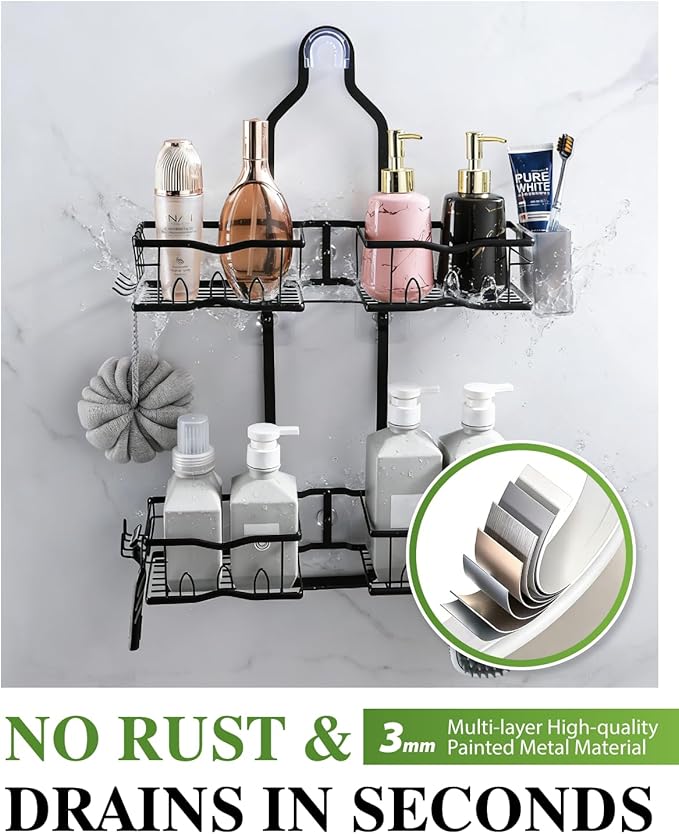 Shower Caddy Hanging – Rustproof Shower Organizer Hanging for Inside Shower – Over the Showerhead Rack with Soap Holder & Razor Hooks, No Drilling Bathroom Shower Shelves and Storage, Black