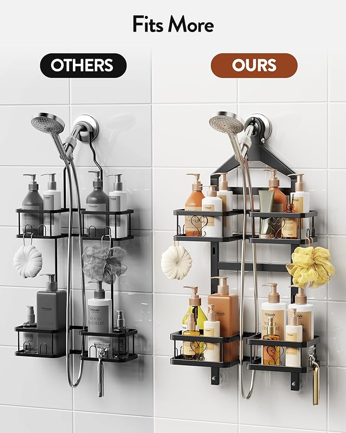 Orimade Adjustable Hanging Shower Caddy for Handheld Shower Heads, Rustproof Bathroom Shelf Organizer Over Showerhead Storage Rack with 8 Hooks, Easy-Clean Removable Baskets & Triple Anti-Slip Fixing