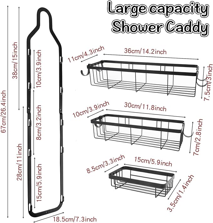 Shower Caddy Hanging Over Shower Head, Height Adjustable No Drilling Bathroom Hanging Shelf Organizer, Rustproof Shower Caddy Over with Hooks Shampoo Soap Holder for Inside Shower
