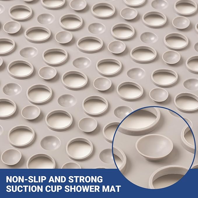 BREELEAM Non Slip Bathtub and Shower Mat 31x17 inch,Bath Mat with Quick Dry Drain Holes and Suction Cups, Soft Comfortable Safe Bathroom Mat for Bath Tub, Floor, Tile (Khaki)