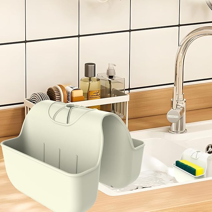 Sponge Holder for Kitchen Sink, Silicone Sink Saddle Caddy Organizer Rack, Sponges Holder Over Faucet, Hanging Kitchen Sink Organizer Organizer Accessories Rack Basket - Beige