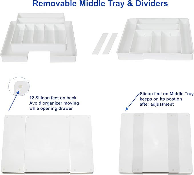 Simple Houseware Expandable & Adjustable Cutlery Drawer Organizer - Large Utensil and Flatware Tray for Kitchen Drawers, White