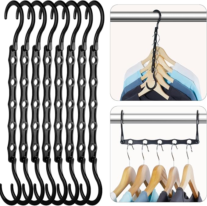 HOUSE DAY Space Saving Hangers, Black, 8 Pack, Collapsible Closet Organizer, Smart Hangers Plastic, Space Saver Hangers with 5 Holes, Sturdy Closet Organizers and Storage