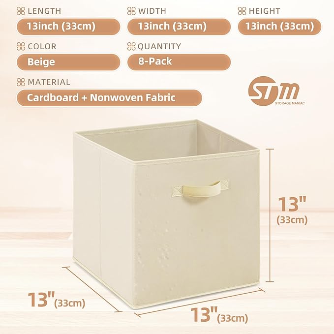 STORAGE MANIAC Storage Cubes, 13 Inch Collapsible Storage Bins with Handles, 8 Pack Fabric Foldable Bins for Organization, Durable Storage Bins for Closet, Shelves, Offices, Toys, 8-Pack Beige