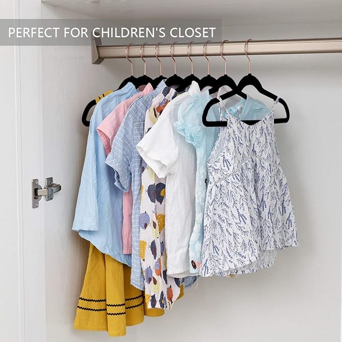 MIZGI Kids Velvet Hangers,Non-Slip Big Kids Hangers,14 Inch Hangers for Youth,Teen Clothes,Pack of 50（Black/Rosegold）