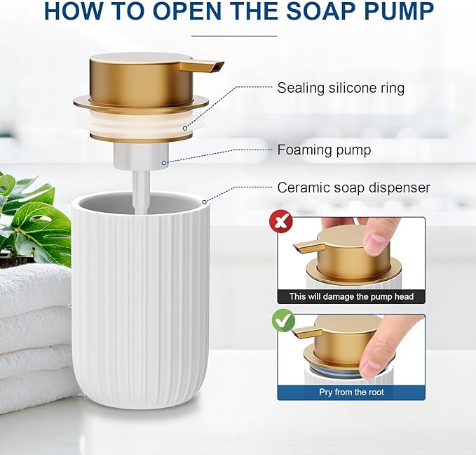 Ceramic Foaming Soap Dispenser, 12 oz Bathroom Foam Hand Soap Dispenser, Refillable Lotion Soap Dispenser with Removable Pump for Kitchen Hand Wash Dispenser, Modern Home Decor(White)