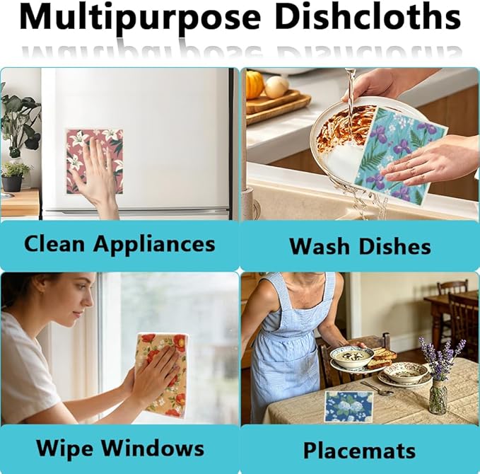 6Pcs 6 Styles Swedish Dish Cloth Floral Reusable Quick Drying Sponge 7.7 x 6.8 Inch for Kitchen Countertop Cleaning, Swedish Dishcloths Bulk Absorbent Towels for Dishes Home Tableware Use