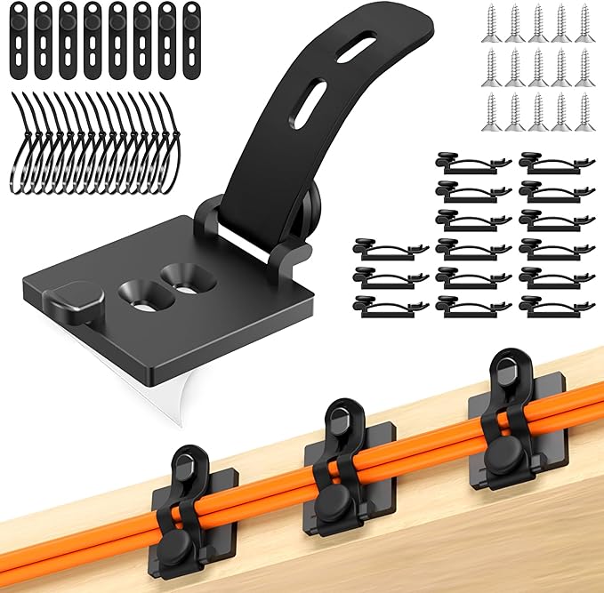 Kanemc Cable Clips Management Kit, 15 Cable Holder With Silicone Cord Ties, 15 Nylon Zip Tie, Extra 15 Screws & 8 Adjustable Cable Straps For Workspace Organizers PV Computer TV Under Desk Wire Setup
