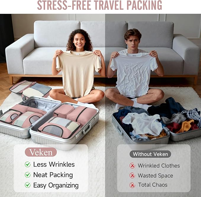 Veken 8 Set Packing Cubes for Travel Essentials, Suitcase Organizer Bags in 4 Sizes, Carry-On Luggage Accessories with Large Laundry & Hanging Toiletry Bag, Must-Have for Airplane, Road Trip & Camping