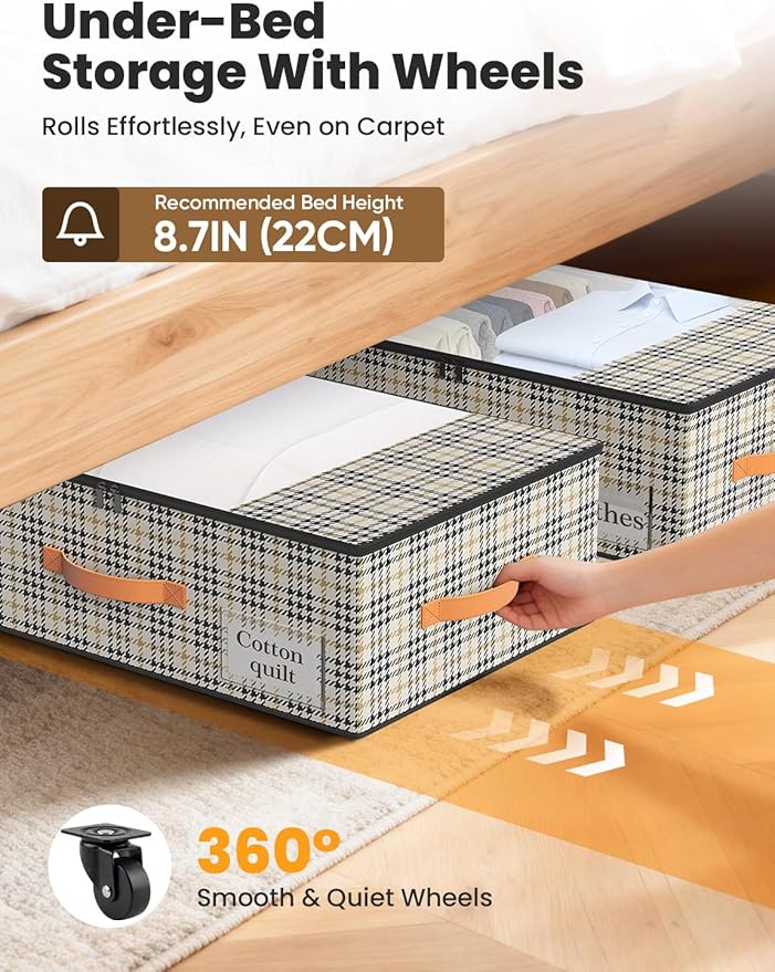 TOSKING 2-Pack Under Bed Storage with Wheels and 4 Vacuum Seal Bags, 7.9 Inch 47L Clear Lid Organizer, Space Saving for Bedding Blankets Clothes ShoesToys, Quick Assembly,Houndstooth