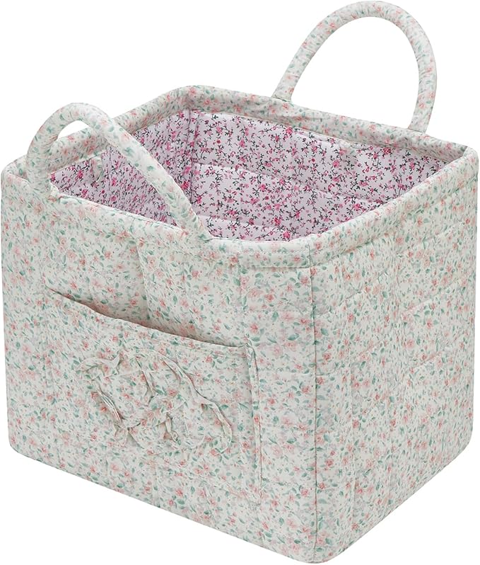 Quilted Fabric Storage Basket with Handles & Pocket, Foldable Laundry Hamper Boho Floral Print Organizer Bin for Home, Picnic, Office 12"x10"x10" (A-1)