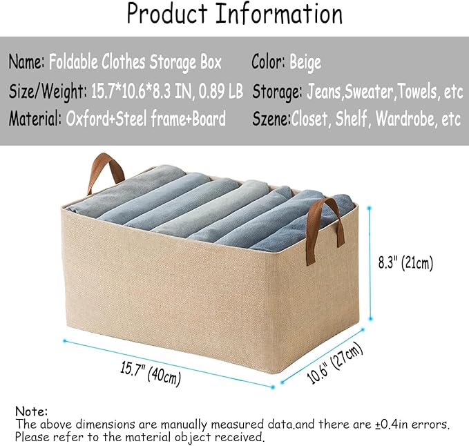 AARAINBOW Linen Closet Organizer Storage Bin with Steel Frame, Stackable Fabric Jeans Baskets for Shelves, 4 Packs Foldable Wardrobe Clothes Box for Sweater Pants Clothing Towel Shirt Felt, 23L Beige
