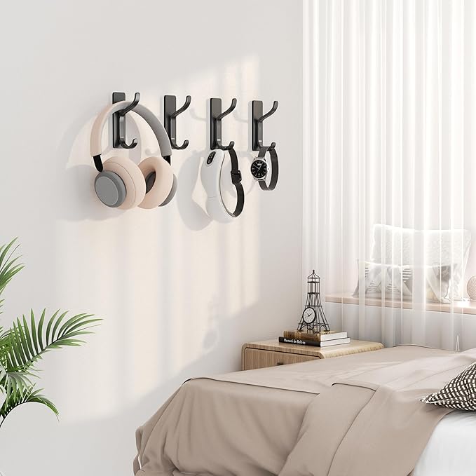 pickpiff Adhesive Wall Coat Hooks - Heavy Duty Stick-On Door Hanger, Metal Hook for Hanging Towel,Purse, Robe, Backpack, Jacket, Clothes - for Bathroom,Dorm, Closet, Kitchen - Black, 4 Pack