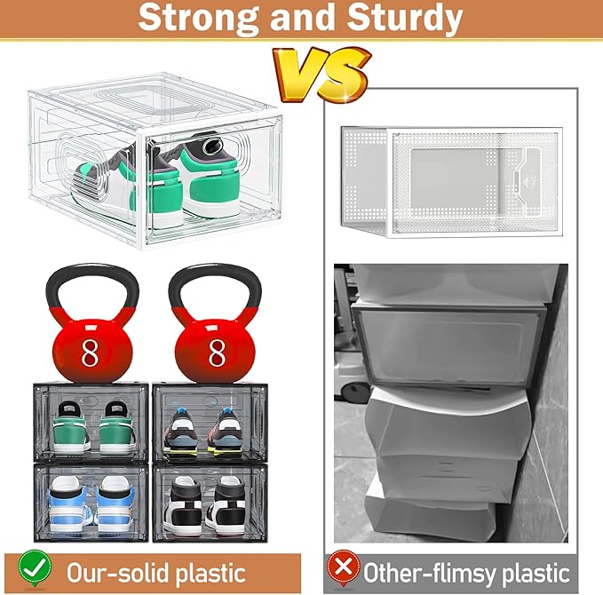 caktraie 6 Pack Thicken Shoe Organizer Stackable,Upgraded Sturdy Shoe Storage Box with Magnetic Door,Shoe Containers for Sneaker Display,White