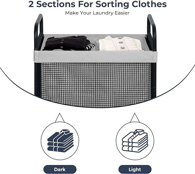 STO STO Laundry Hamper 2 Section, 100L Rolling Laundry Sorter Cart with Removable and Washable Liner Bag, Clothes Hamper with Wheels and Metal Handle for Laundry Room and Bedroom, Gray