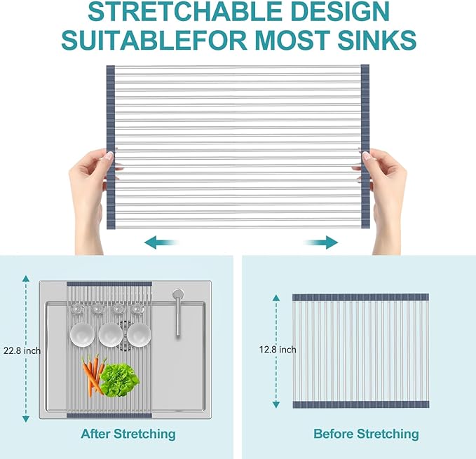 BBXTYLY Extra Large Expandable Roll Up Dish Drying Rack,Over The Sink Drying Rack Sink Cover Kitchen Sink Accessories Kitchen Rolling up Stainless Steel Drainer, Foldable,Rollable（Grey，25.1''-17.3''）