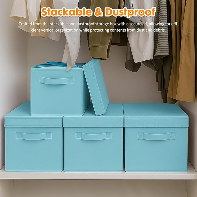 ShellKingdom Storage Bins, Foldable Fabric Storage Cubes with Lid, Clothes Storage Organizer Drawer For Closet Toys Storage, 13 X 13 X 13 INCH, 2 Pack (Light Blue)