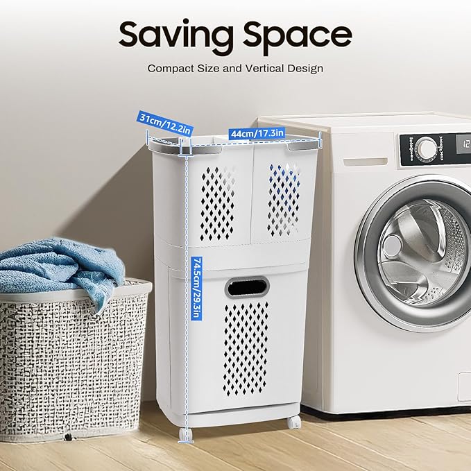 Laundry Basket, 2-Tier 3 Basket Shelf Movable Household Bathroom Rolling Cart Organizer Clothes Storage With 4 Wheels White For Kitchens, Bathrooms, Bedrooms, Dormitories, Classrooms, Laundry Rooms