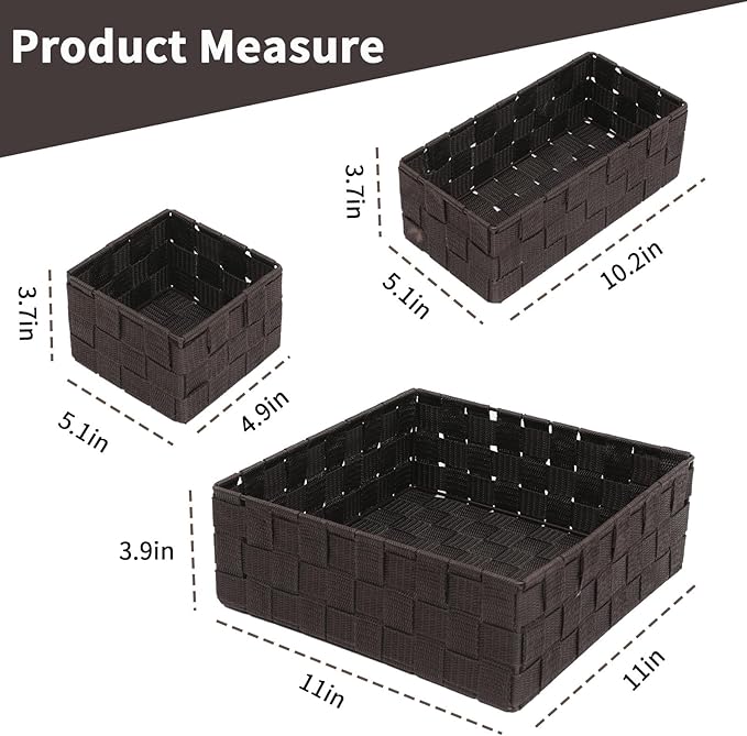 Storage Bins Woven Organizer Set of 4 – Polypropylene Storage Baskets with Metal Frame, Stackable Fabric Boxes for Drawers, Closet, Shelf, Nursery and Office, Brown