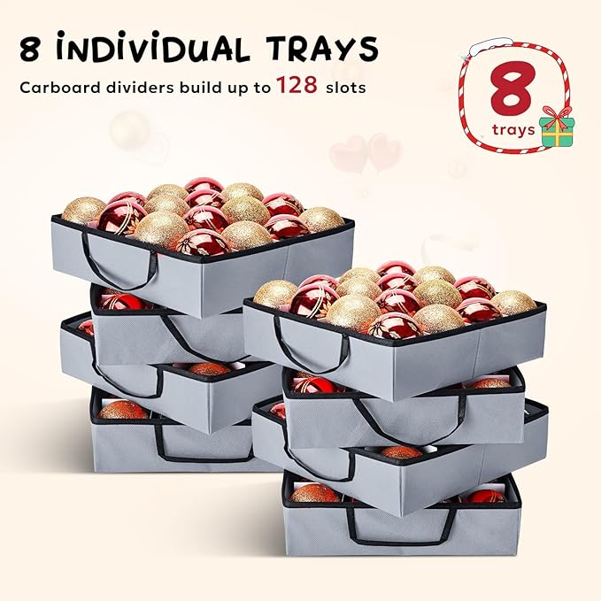 Mrrihand Christmas Ornament Storage Box, Ornament Storage Container with 8 Trays-Xmas Decoration Organizer Keeps 128 Holiday Ornaments 3-Inch, Dual Zipper Closure, 600D Tear-Proof（Grey）