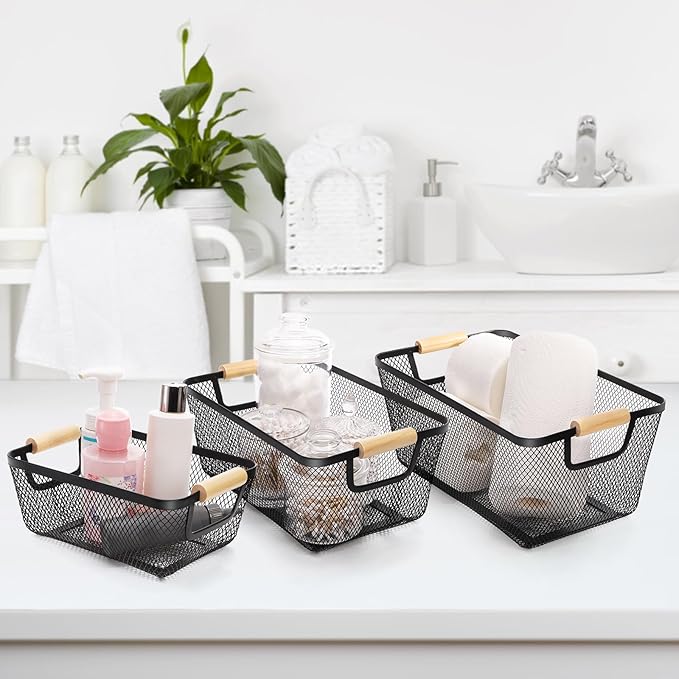3 Pack Metal Mesh Basket with Wooden Handle, Farmhouse Wire Steel Storage Bins, Rectangle Fruit Vegetable Organizer Containers for Home Cabinet Pantry Kitchen Decor, Snack Gift (Black, 3 Size)