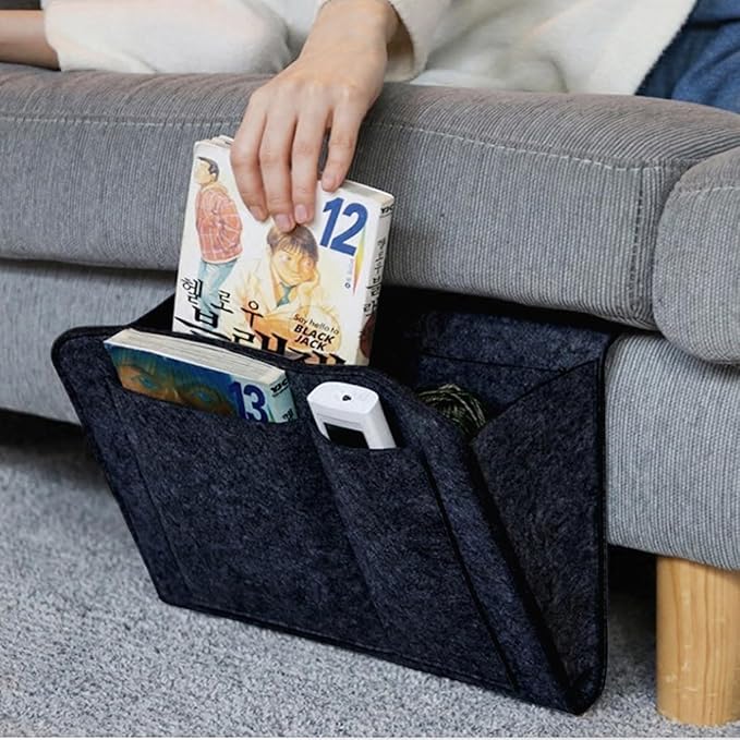 Bringsine 5 Pockets Bedside Caddy, Felt Bed Storage Organizer Hanging Bag Holder for Magazine Book Phone Tablet iPad Cables Remote and Glasses Holder Home Dorm Bed Sofa-Black