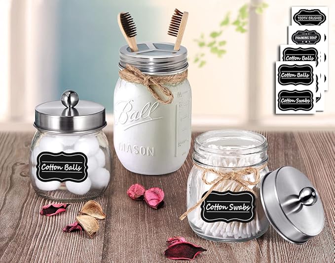 Mason Jar Bathroom Accessories Set(4pcs)- Jars Not Included - Foaming Soap Dispenser,Toothbrush Holder, and Apothecary Storage Jars Lids -Rustic Farmhouse Decor,Brushed Nickel