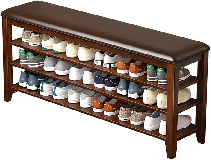 Taitiy Shoe Bench Storage Rubberwood with Leather Cushion for Entryway Bench Ideal for Hallways Shoe Rack Front Doors Entrances Mudrooms Featuring 3 Height-Adjustable and Removable Shelves