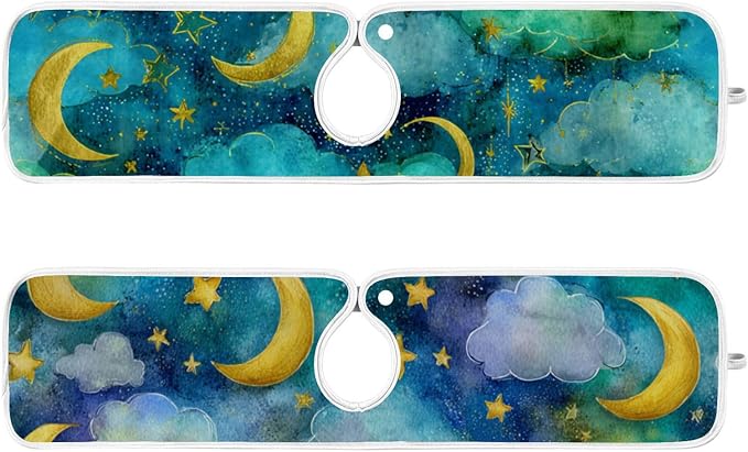 Sink Faucet Absorbing Mat Kitchen Sink Splash Guard Splash Faucet Drip Catcher for Bar RV Bathroom 2PCS 23.6x5.5in Watercolor Moon Star Green