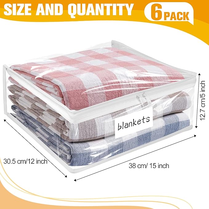 Plastic Storage Bags with Easy-Glide Zipper, Pack of 6, Durable Clear Vinyl Zippered Storage Bags for Clothes Sweaters Comforters Blankets Sheets Bedding (15 x 12 x 5 Inch)