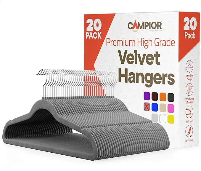 Gray Velvet Hangers 20 Pack – 360° Swivel Hook, Non-Slip and Space Saving Hangers, Heavy-Duty 11 lbs Weight Capacity - Smooth Velvet Finish for Crease-Free Clothes and Effortless Closet Organization