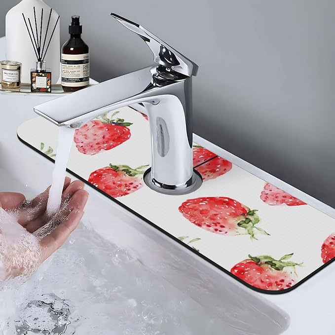 Faucet Draining Mat For Kitchen Sink, Watercolor Strawberries Diatom Mud Absorbent Drain Pad For Bathroom Kitchen Sink Splash Guard Drying Mat