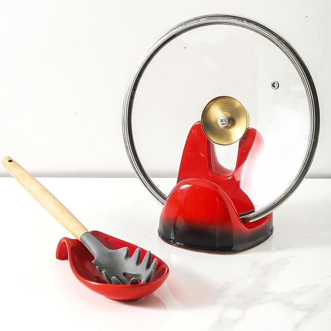 Nihow Pot Lid Holder: Stable Ceramic Pan Lid Holder for Kitchen Counter Decor/Countertop/Stove Top- Heat Resistant & Dishwasher Safe - Elegant Black & Red(1PC)