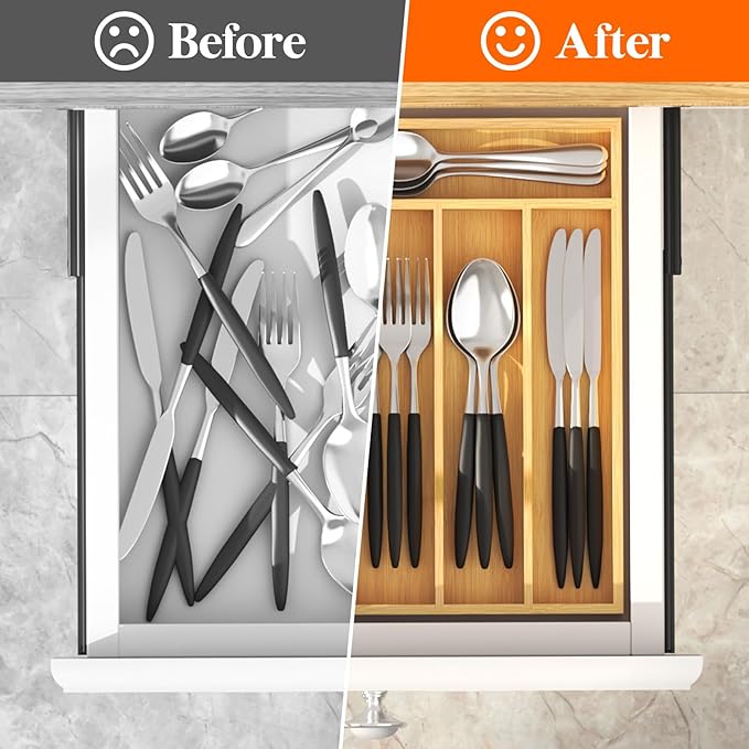 Lifewit Silverware Drawer Organizer, Utensil Tray for Kitchen, Flatware and Cutlery Holder, Storage for Spoons Forks Knives, 6.7 x 12", Natural