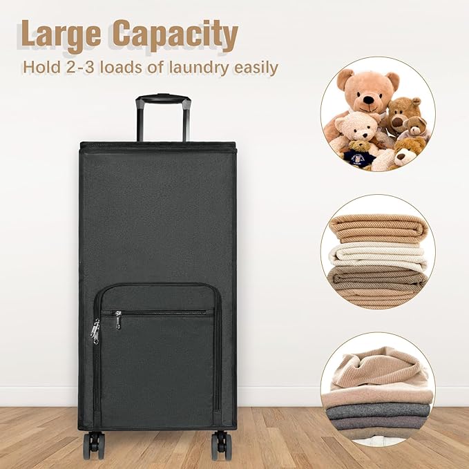 Bukere Extra Large Rolling Laundry Basket with Removable Wheels & Zipper Lid, Freestanding Laundry Hamper, Collapsible bag for Clothes Storage, Wheeled Cart for College Dorm Apartment Laundry Room