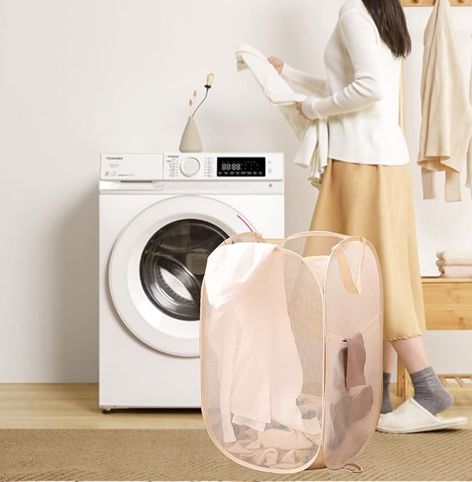 2Pcs Pop Up Hampers for Cruise, Folding Laundry Basket Space Saving Design, Dirty Clothes Hamper for Bedroom, Hotel, RV, Travel (White+Beige)