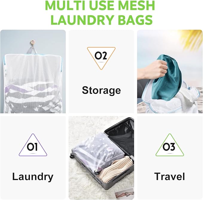 OTraki 2 Pack Mesh Laundry Bag 16x20 inch Wash Bag for Delicates Washing Machine Mesh Bags with Zipper Handle Home Travel Dorm Laundry Bag for Coat Sweater Don't Drying, Melting 140-176℉,White
