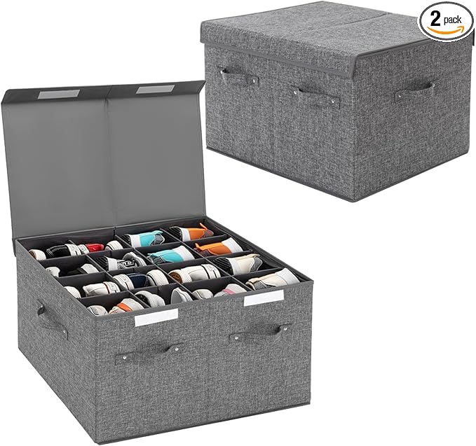 2 Pack Shoe Storage Box Fits 32 Pairs, Large Shoe Organizer with Lid and Adjustable Dividers for Closet, Shoes, Sneakers and High Heeled, Foldable and Stackable (Grey)