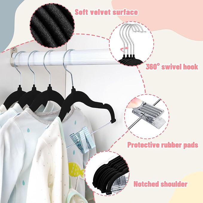 ManGotree 11.8'' Baby Velvet Hangers with Movable Clips, Non-Slip Kids Felt Hangers, Ultra-Thin Space-Saving Children's Clothes Hangers for Skirts, Pants, Dresses, Shirts, Jackets (28 Pack, Black)