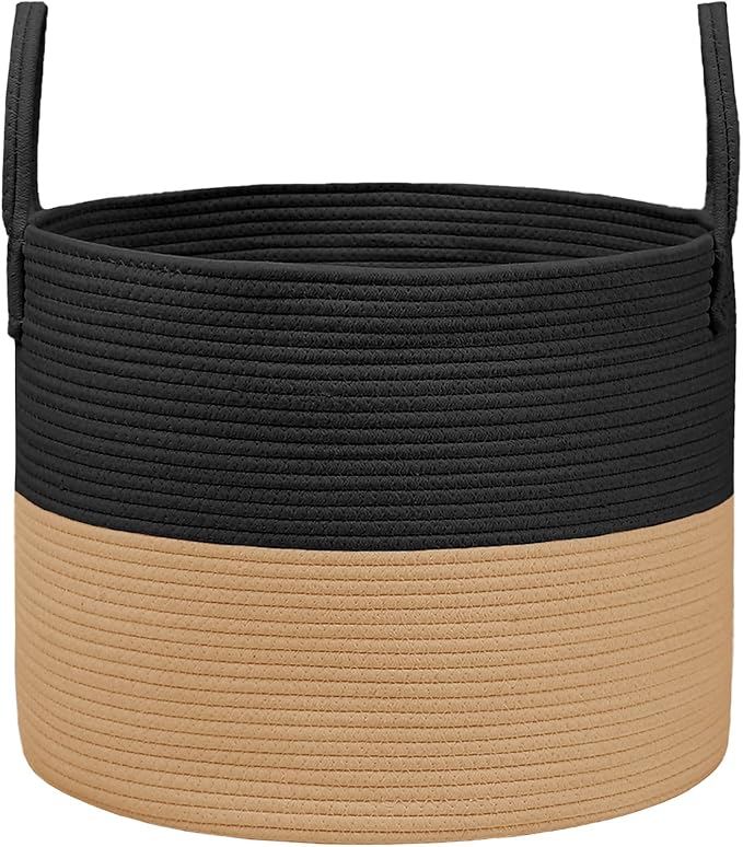 65L Extra Large Blanket Basket for Living Room - Woven Cotton Rope Laundry Hamper with Reinforced Handles - Storage Bin for Pillows, Comforters & Toys - Machine Washable,Black&Jute