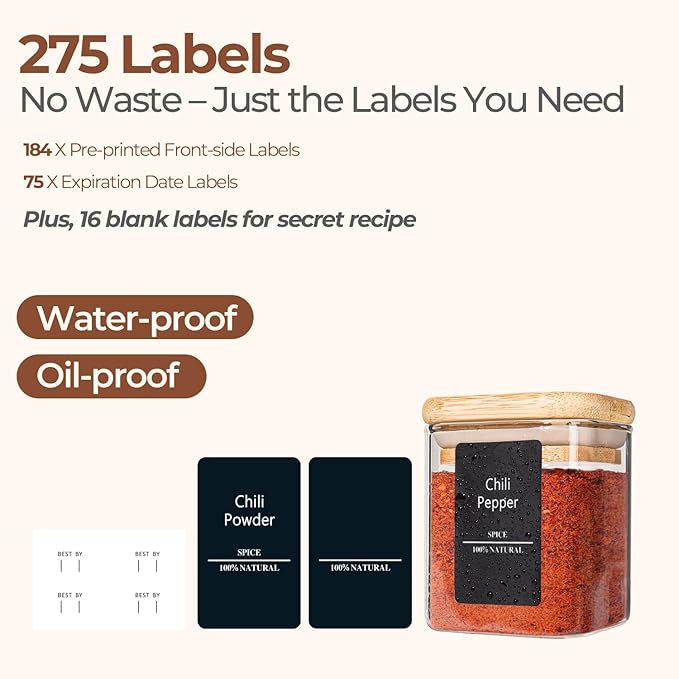 ComSaf 12Pcs Glass Spice Jars with Bamboo Lid, 4oz Airtight Square Spice Containers with 275 Black Lables, Empty Seasoning Jars for Spice Salt Sugar