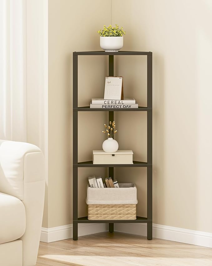 TUTOTAK Corner Shelf, 4-Tier Corner Bookshelf for Small Space, Narrow Display Corner Shelf Stand with Storage Rack, for Living Room, Bedroom, Black BS05BK004