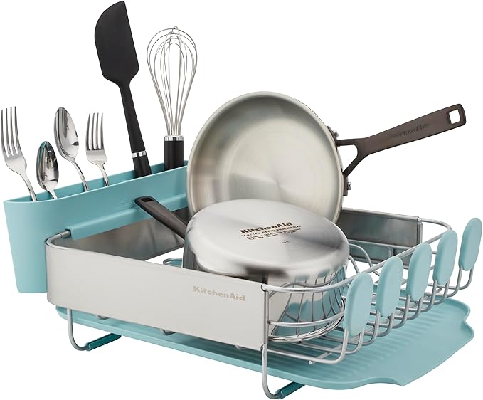 KitchenAid Compact Space Saving Rust Resistant Dish Rack with Removable Flatware Caddy and Angled Self Draining Drainboard, 12.63 x 15.87 x 5.54 Inch, Mineral Water