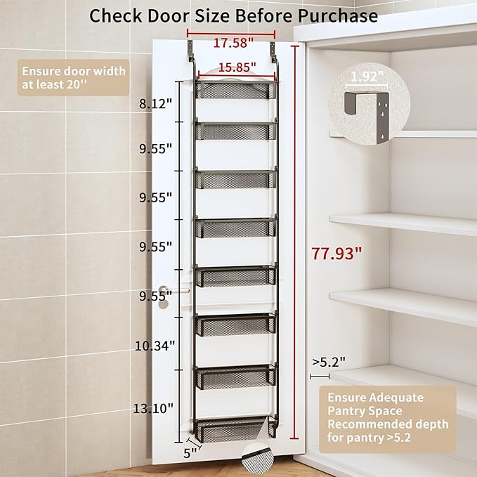 Over the Door Pantry Organizer, 8-Tier Pantry Door Organization and Storage, Over the Door Spice Rack, Home & Kitchen Storage Shelves for Cabinet, Black