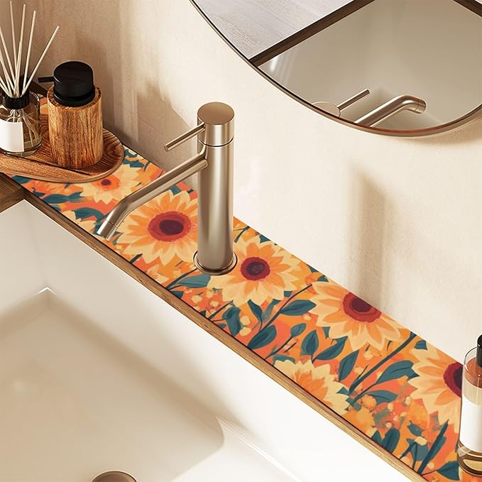 Kitchen Sink Splash Guard 1 PC 30 Inch Sink Faucet Mat Splash Guard for Bathroom Countertop Water Absorbent Foldable Cuttable Soft Washable Orange Sunflowers and Poppy Flowers