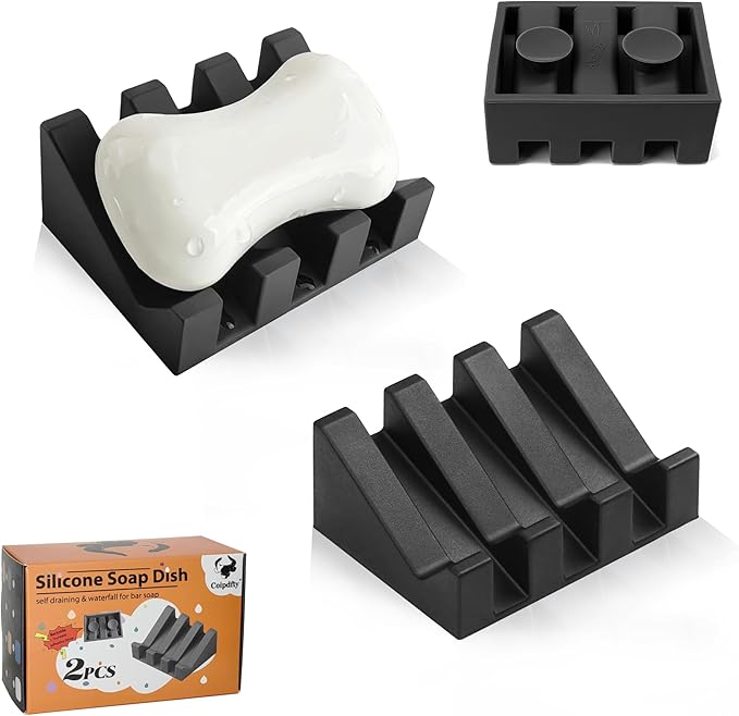 Self Draining Soap Dish,Silicone Suction Cup Soap Holder, Bathroom Soap Dish for Bar Soap,Can Extend Soap Life,Bathroom, Bath Tub, Kitchen Sink Black - 2 Pack