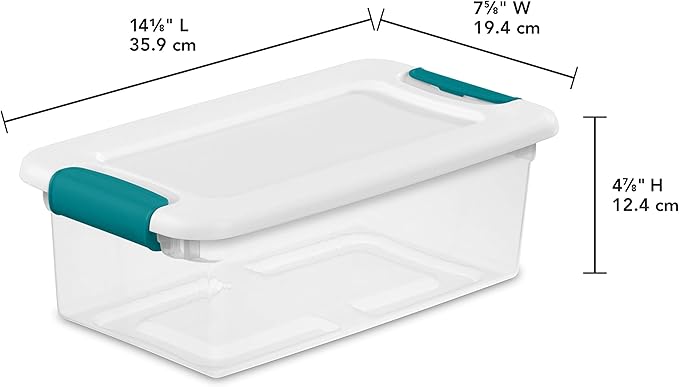 Sterilite 6 Qt Latching Storage Box, Stackable Bin with Latch Lid, Plastic Container to Organize Shoes on Closet Shelf, Clear with White Lid, 12-Pack