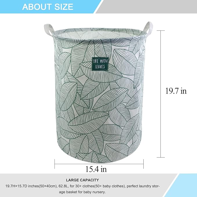Mziart Large Foldable Laundry Basket Organizer, Collapsible Laundry Hamper Fabric Clothes Toy Storage Basket Nursery Hamper Storage Bin for Household Bedroom, Bathroom, College Dorm (Big Green Leaf)